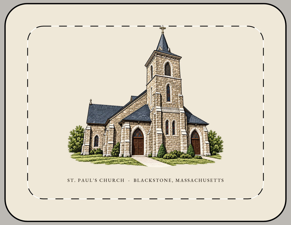 Blackstone St. Paul's Church 15-inch laptop sleeve mockup showing the full illustrated print