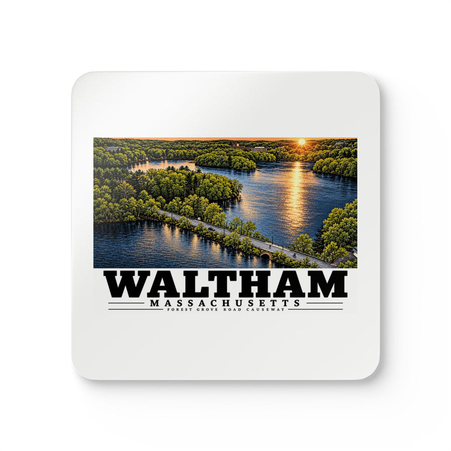 Front view of a cork-backed coaster with Waltham Forest Grove Road Causeway artwork.