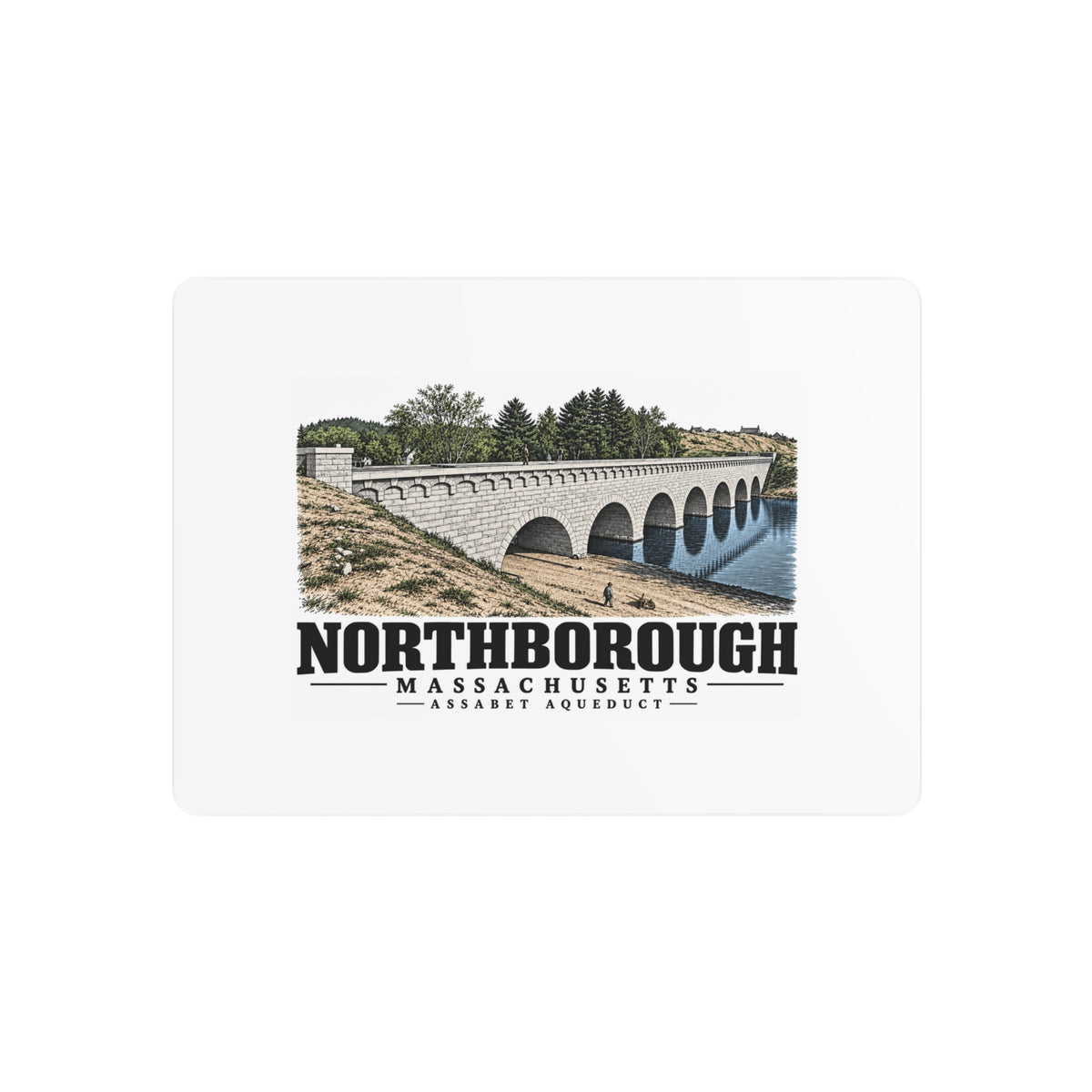 Illustrated Assabet Aqueduct in Northborough on metal art sign