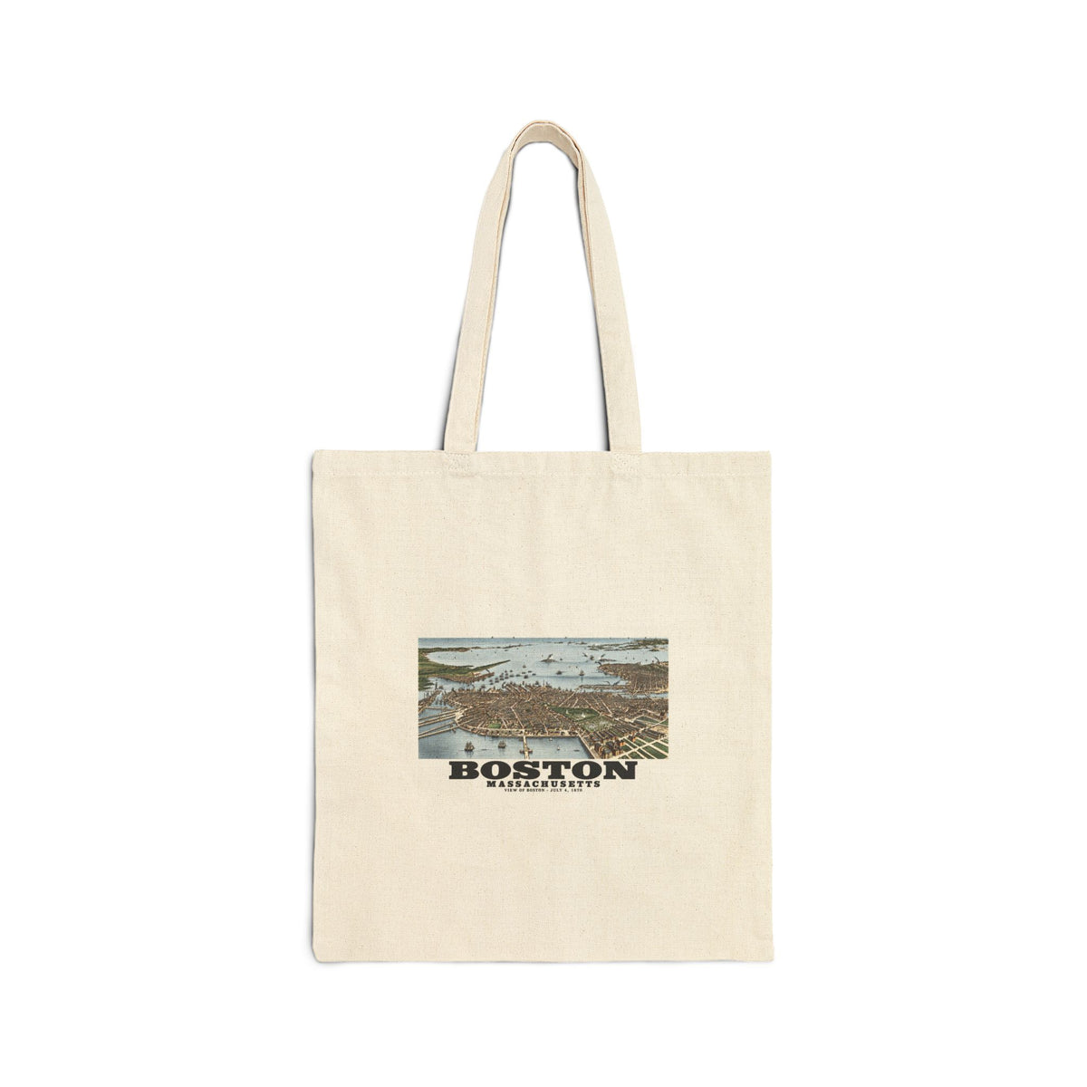Natural fabric tote with historic Boston harbor panorama with boats and waterfront buildings artwork and Boston lettering