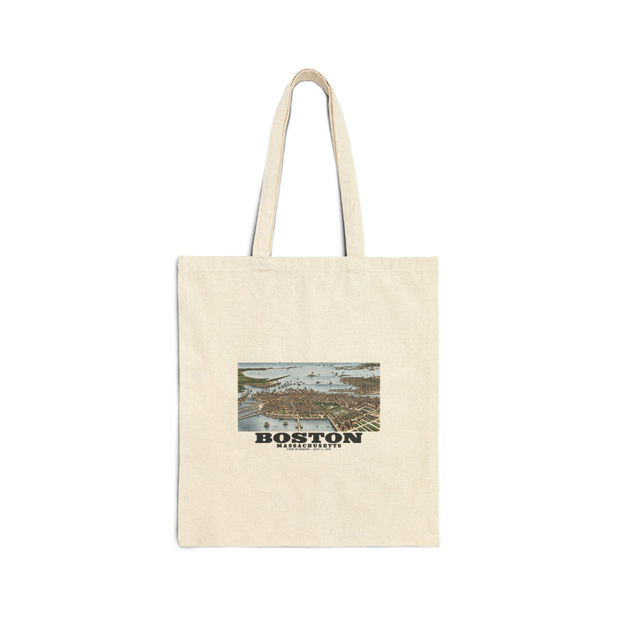 Natural fabric tote with historic Boston harbor panorama with boats and waterfront buildings artwork and Boston lettering