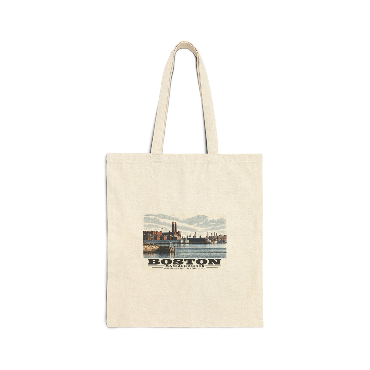 Natural fabric tote with Commercial Wharf waterfront buildings, twin chimneys and harbor water artwork and Boston lettering