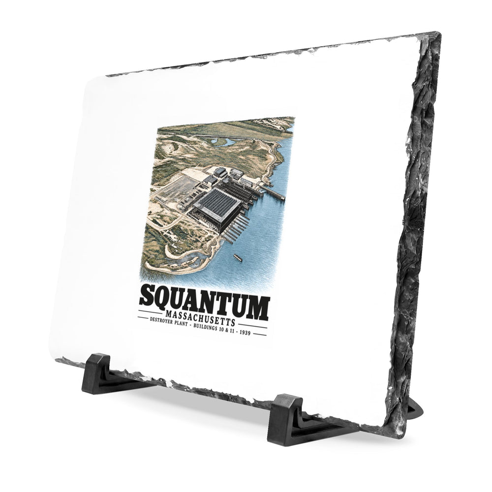 NRAB Squantum looking SWBldg # 10 & 11of former U.S. Destroyer Plant in center foreground 7 × 11 in Slate Desk Plaque - Boston Harbor