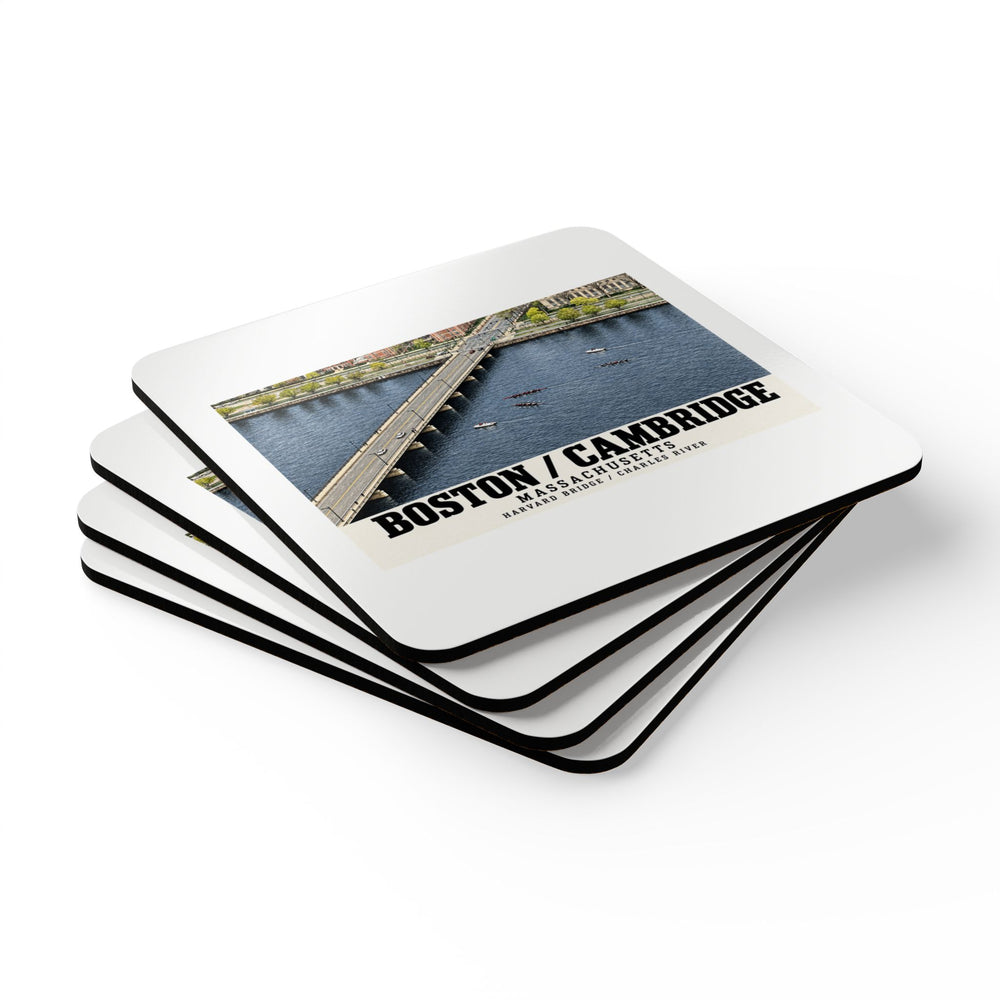 Stack of square coasters with Harvard Bridge aerial view with scullers on the Charles River artwork visible on the top coaster