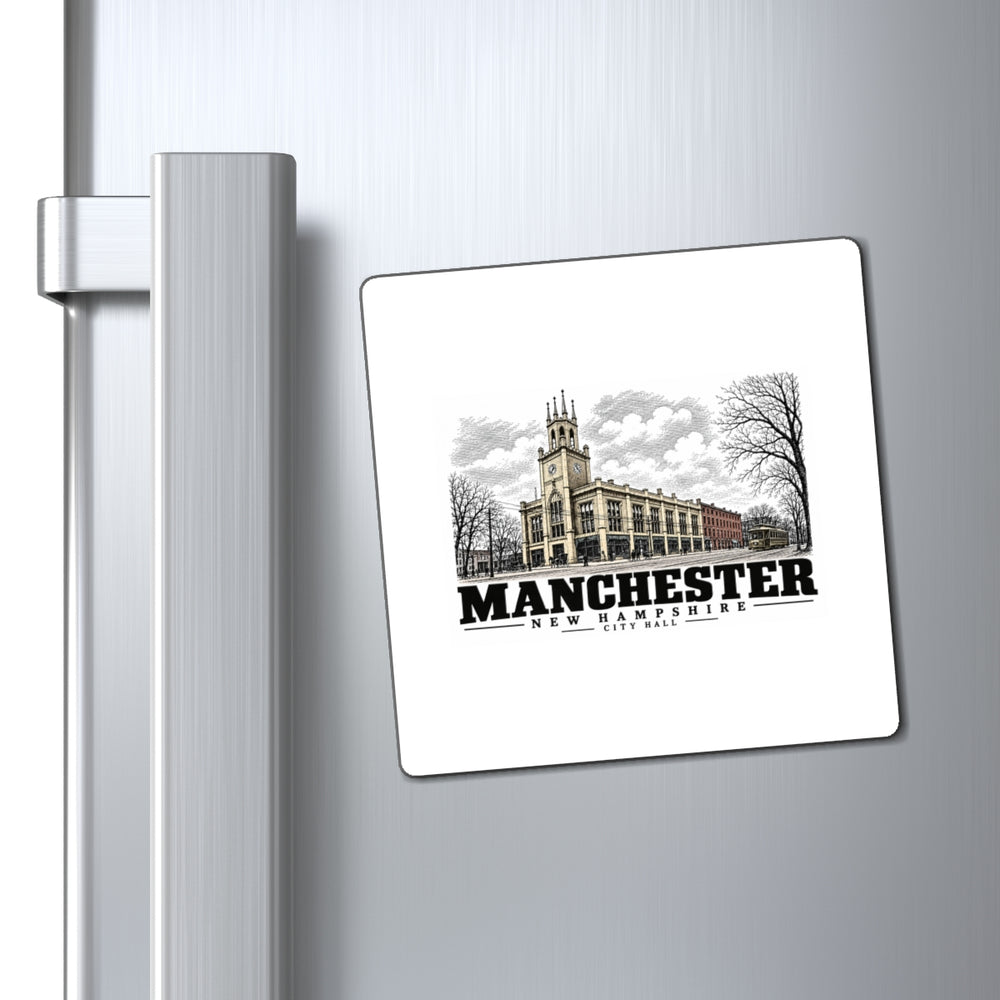 Refrigerator display of City Hall square vinyl magnet, Manchester, New Hampshire.