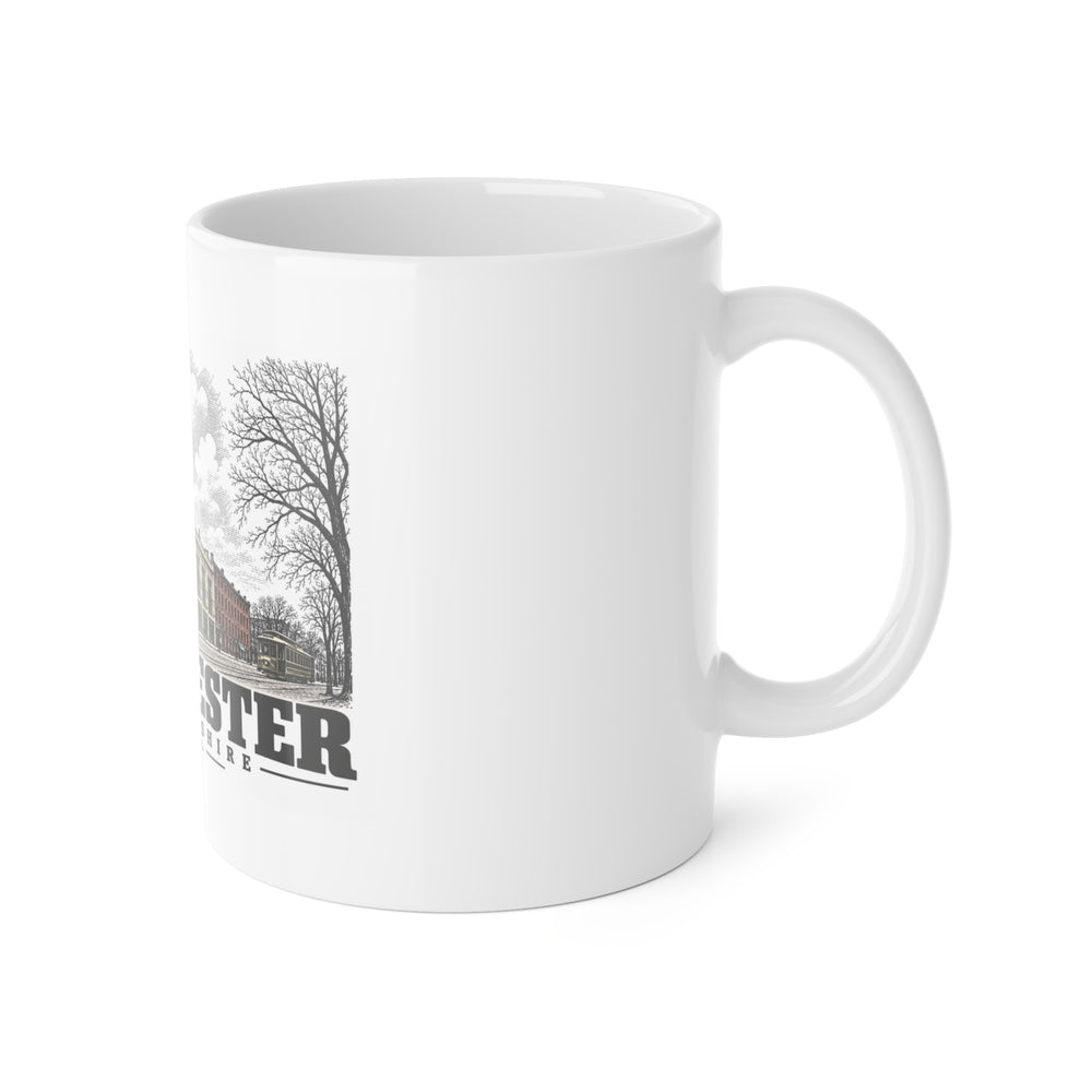 Right-handle side view of City Hall white ceramic mug, Manchester, New Hampshire.