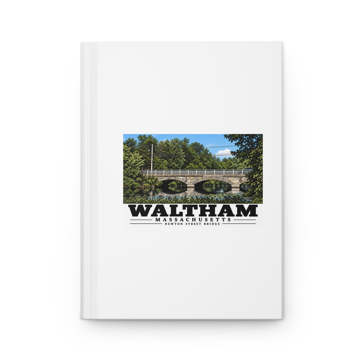 Closed front cover of the matte hardcover journal with Waltham Newton Street Bridge artwork.