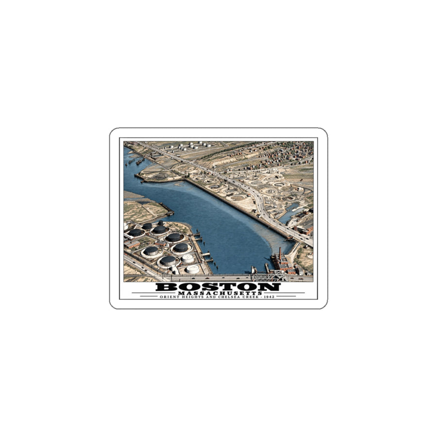 Orient Heights taken at 600 feet-Shore line, Chelsea Creek, East Boston 4 in White Die-Cut Sticker - Boston Harbor