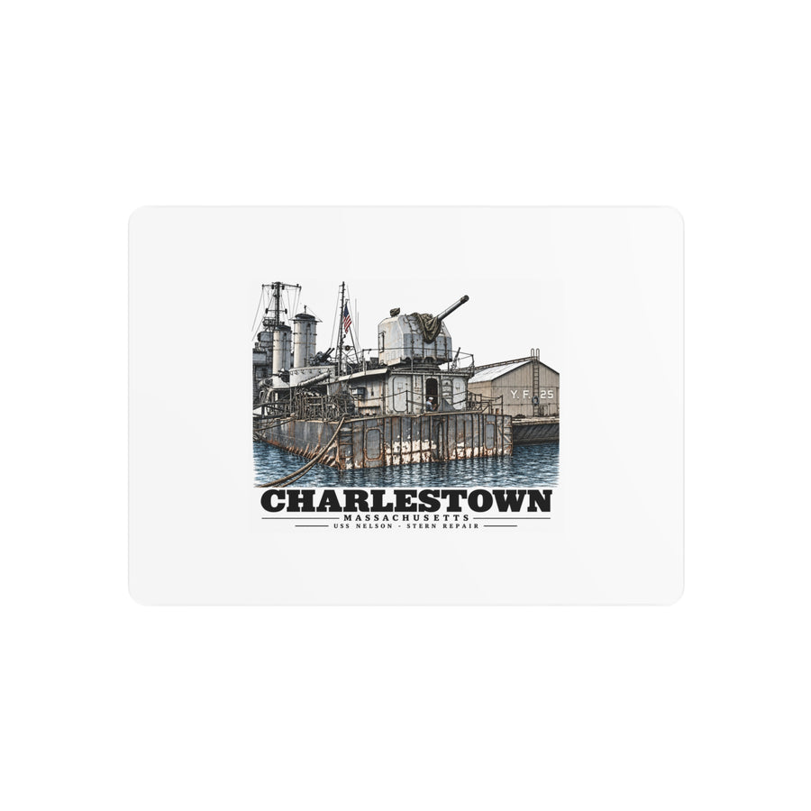 Front of 7 x 5 inch horizontal metal wall art with USS Nelson stern repair artwork and Charlestown lettering