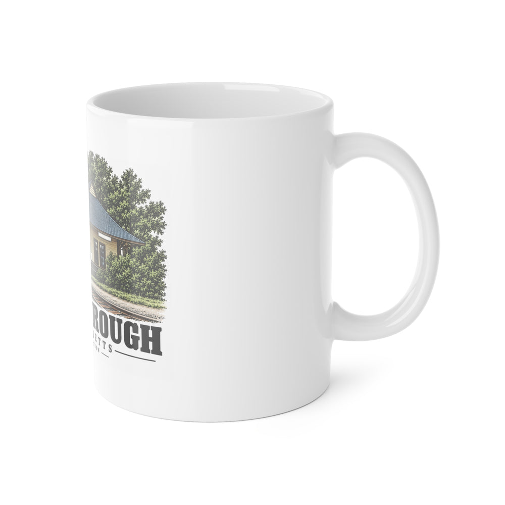 Right-handle side view of Railroad Station white ceramic mug, Tyngsborough, Massachusetts.