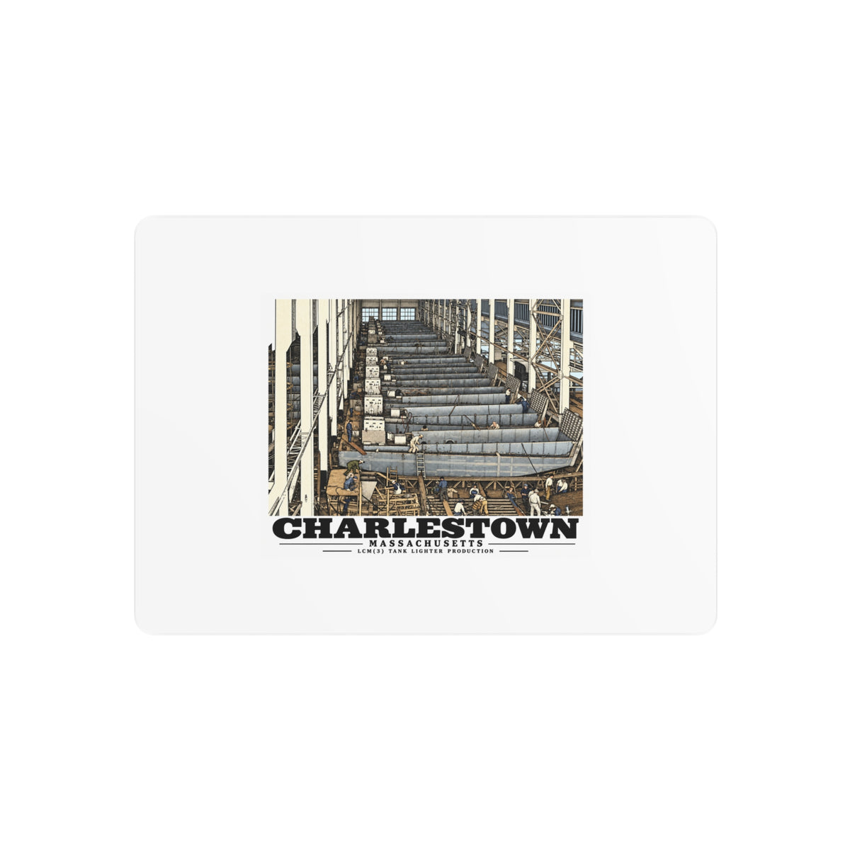 Front of 7 x 5 inch metal wall art with landing-craft production artwork and Charlestown lettering