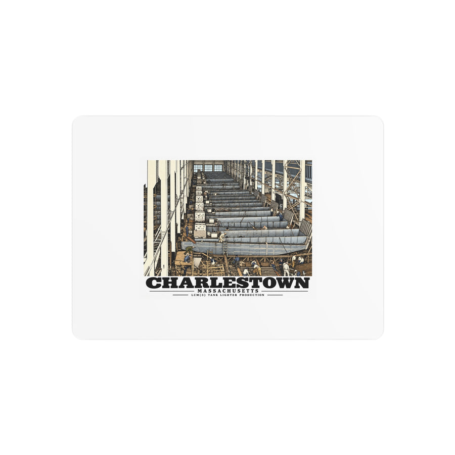 Front of 7 x 5 inch metal wall art with landing-craft production artwork and Charlestown lettering