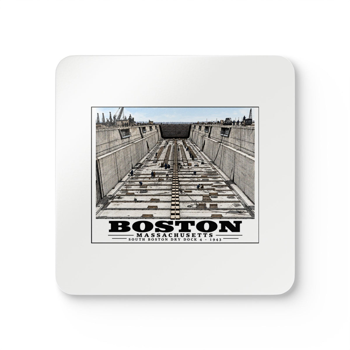 White square coaster showing naval dry dock with concrete walls and rows of floor blocks artwork and Boston lettering