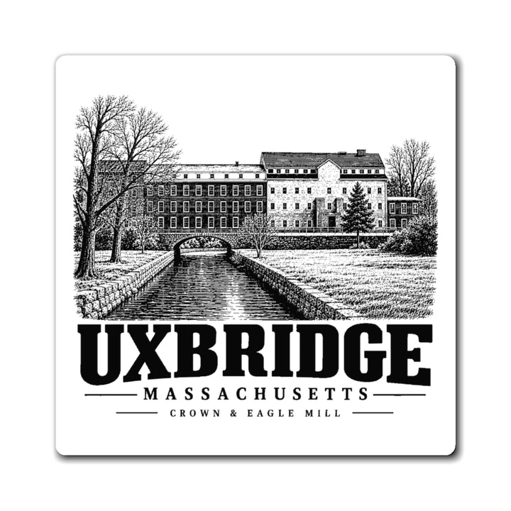 Front view of the Uxbridge Crown & Eagle Mill 4-inch square magnet with design