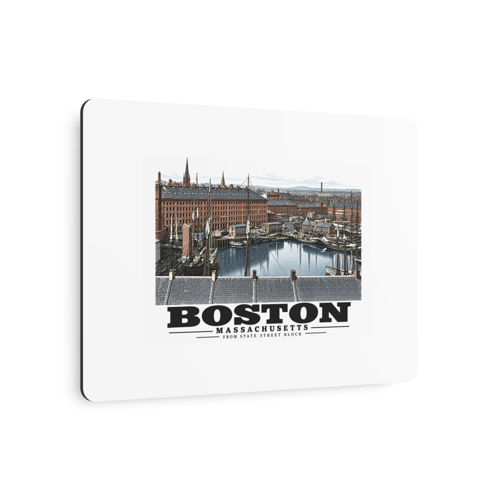 Angled view of Boston waterfront buildings, wharves, boats and harbor water metal print with its dark edge visible