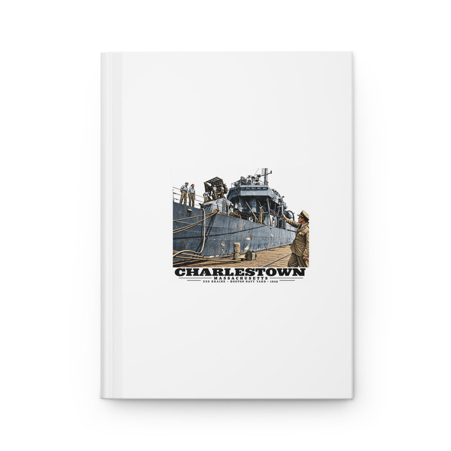 Illustrated USS Braine at Boston Navy Yard in Charlestown on matte hardcover journal