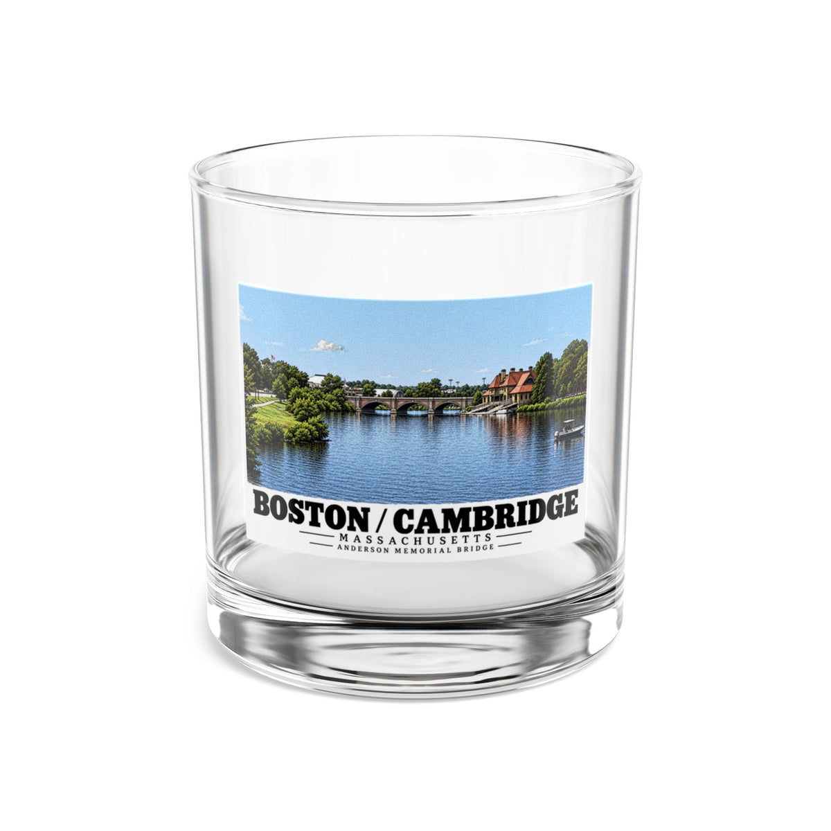 Clear rocks glass showing Anderson Memorial Bridge distant river view artwork and Boston/Cambridge lettering