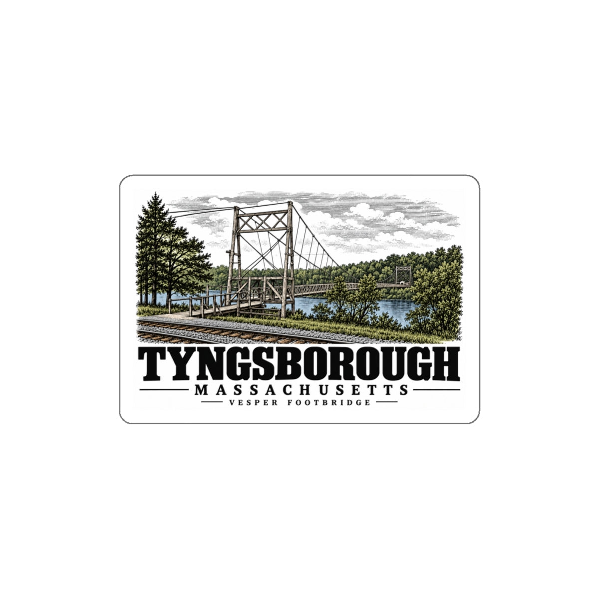 Front of Vesper Footbridge white die-cut sticker, with Tyngsborough, Massachusetts artwork and lettering.