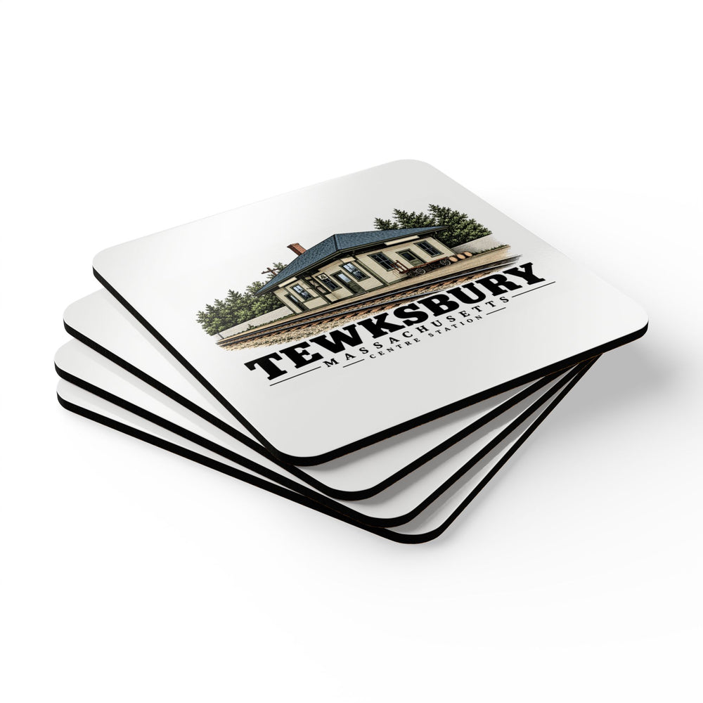 Stack of four coasters of Centre Station square cork-backed coaster set, Tewksbury, Massachusetts.