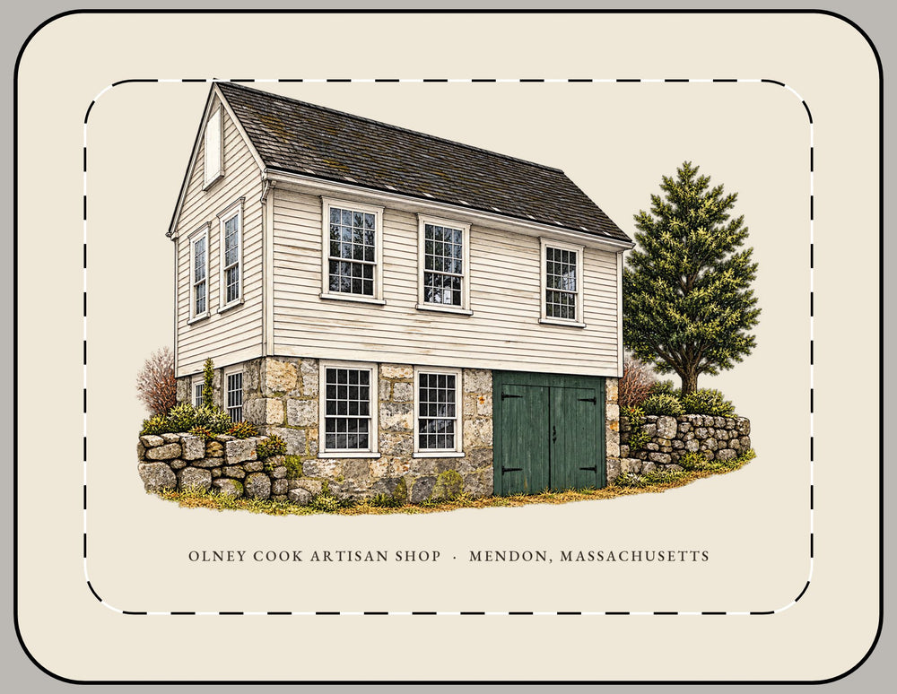 Mendon Olney Cook Artisan Shop 15-inch laptop sleeve mockup showing the full illustrated print