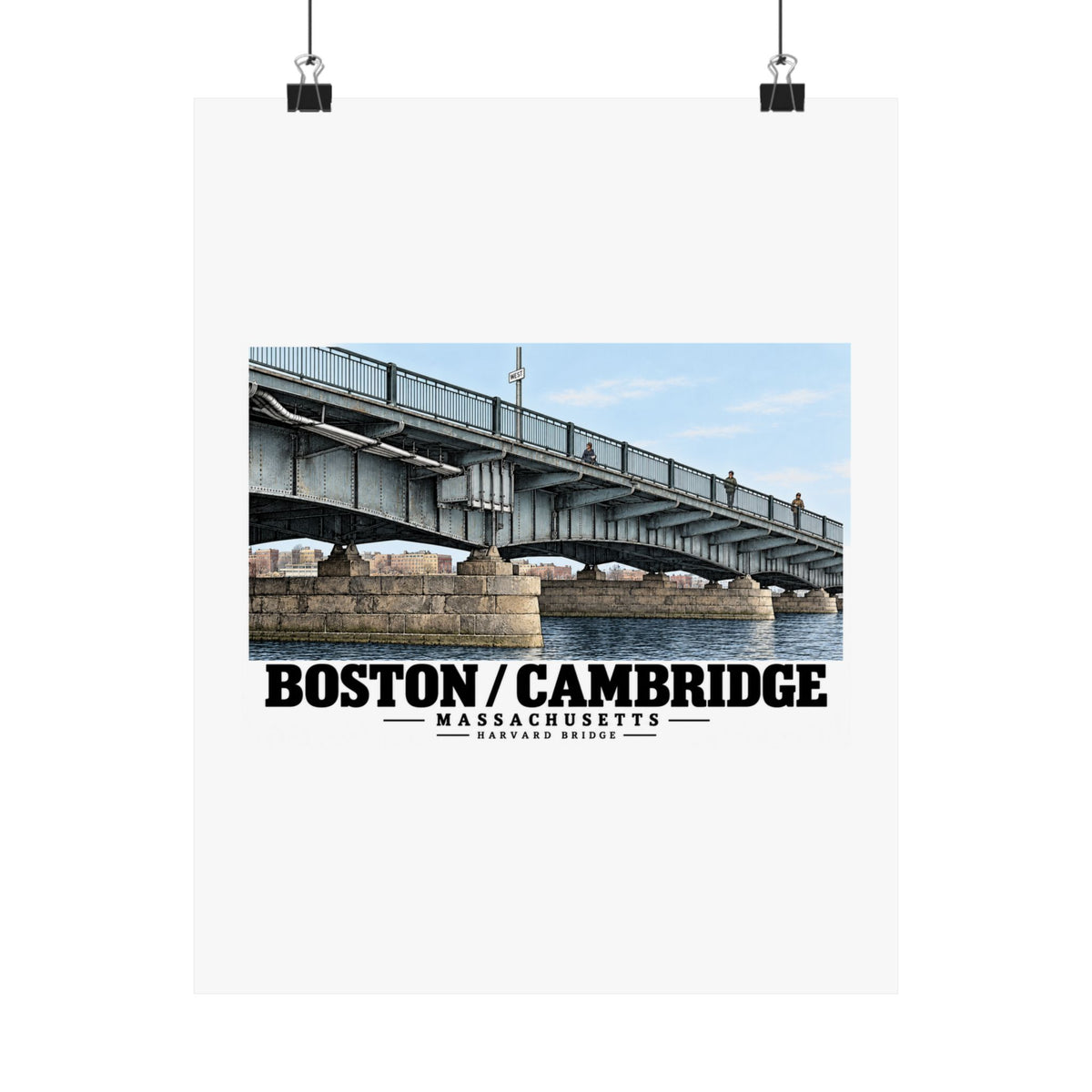 Poster with Harvard Bridge artwork and Boston/Cambridge lettering hanging from two binder clips