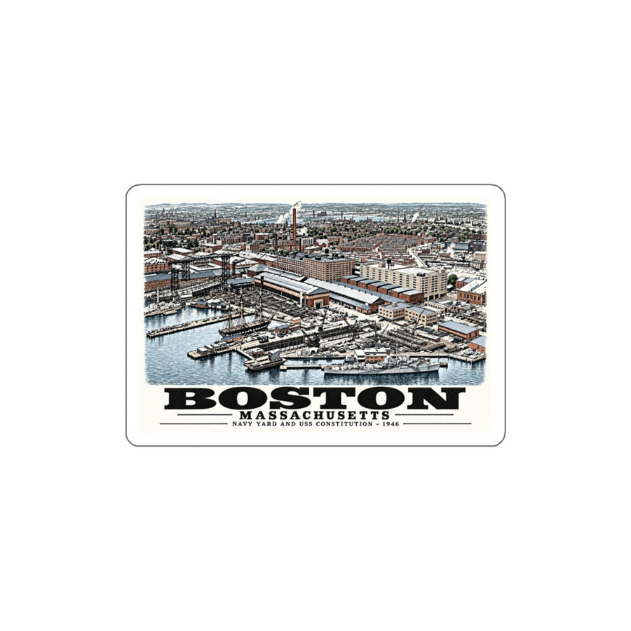 Illustrated Dry Dock 5 and Constitution Pier in Charlestown on die-cut sticker