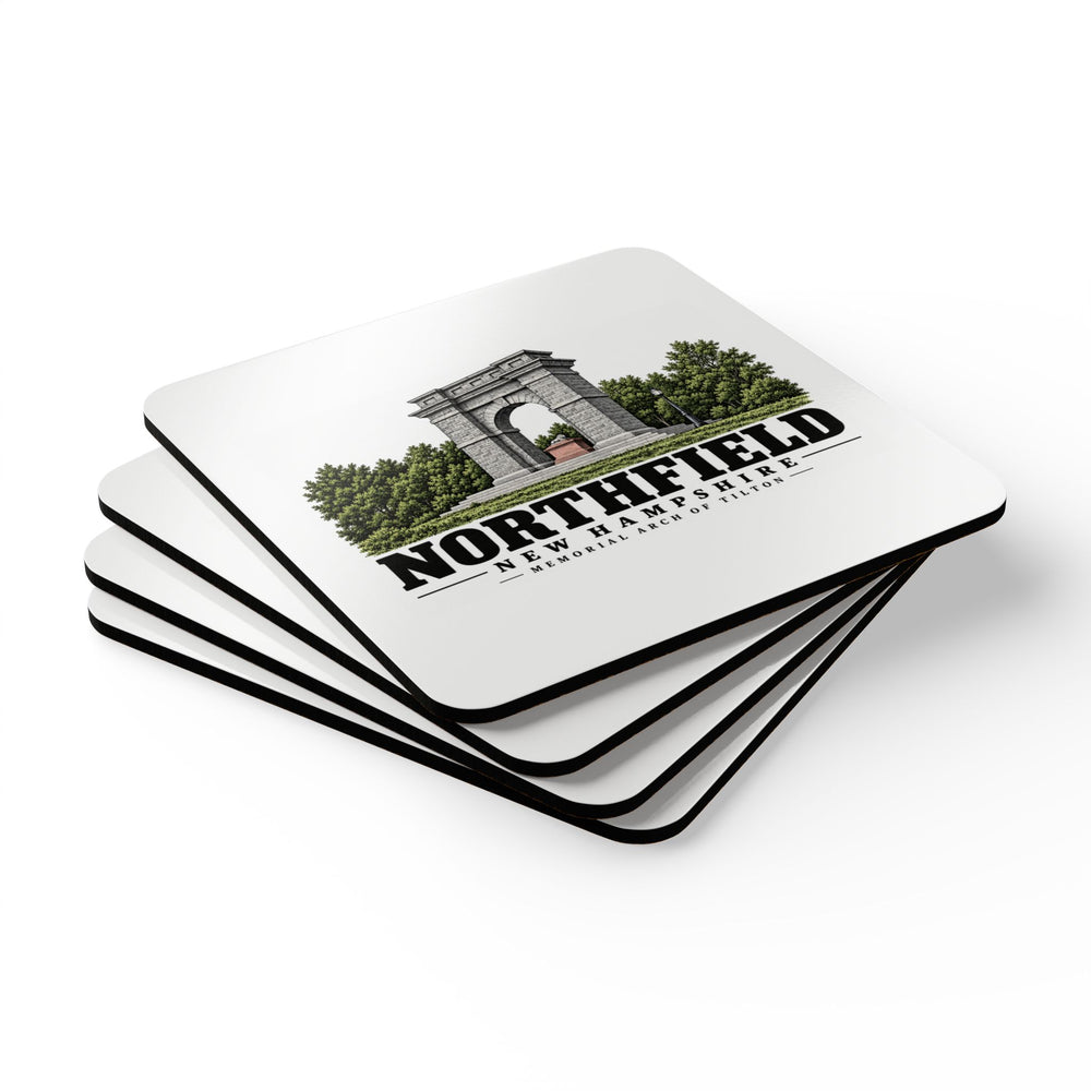 Stack of four coasters of Memorial Arch of Tilton square cork-backed coaster set, Northfield, New Hampshire.