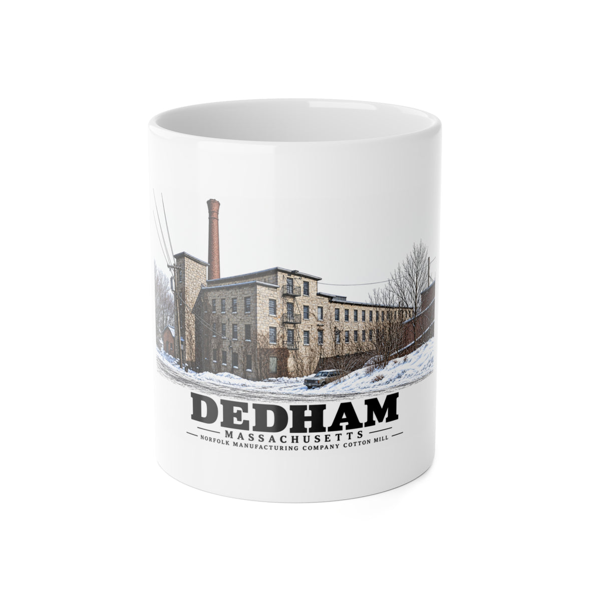 Illustrated Norfolk Manufacturing Company Cotton Mill in Dedham on ceramic mug
