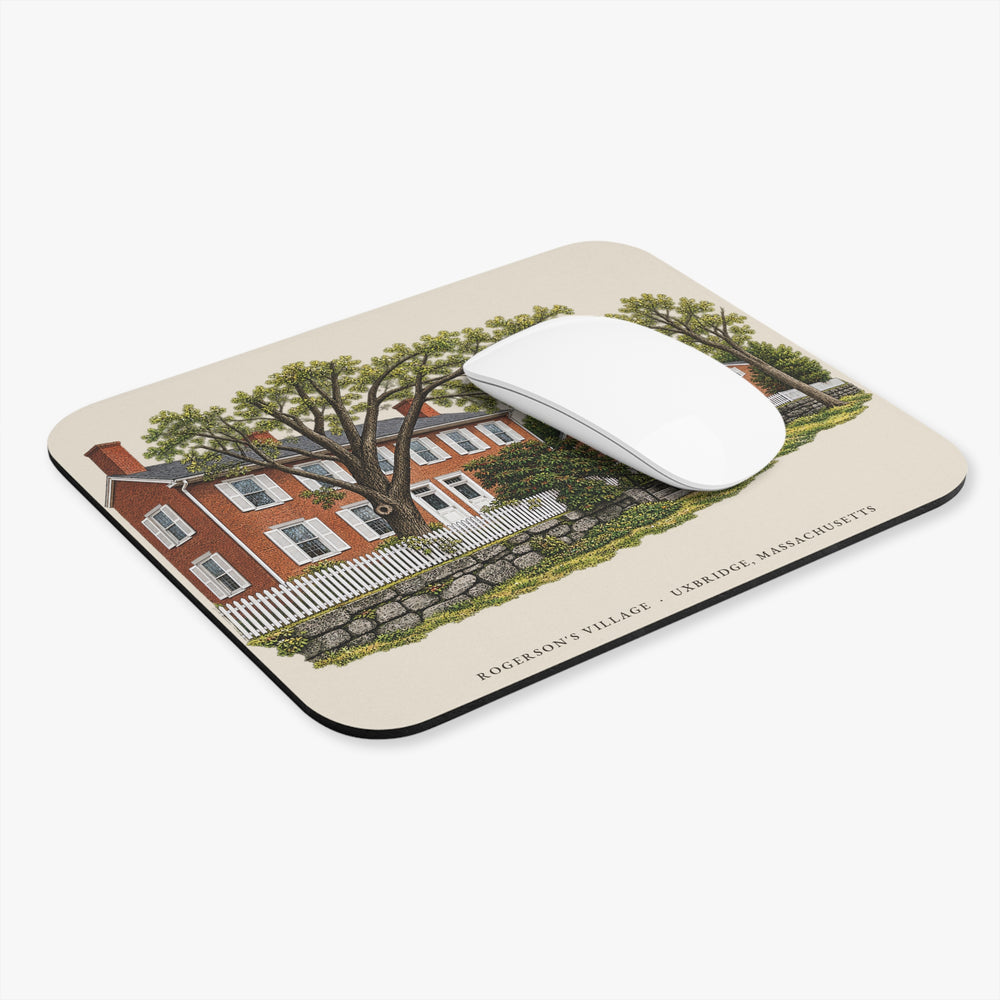 Uxbridge Rogerson's Village mouse pad mockup showing the full illustrated print