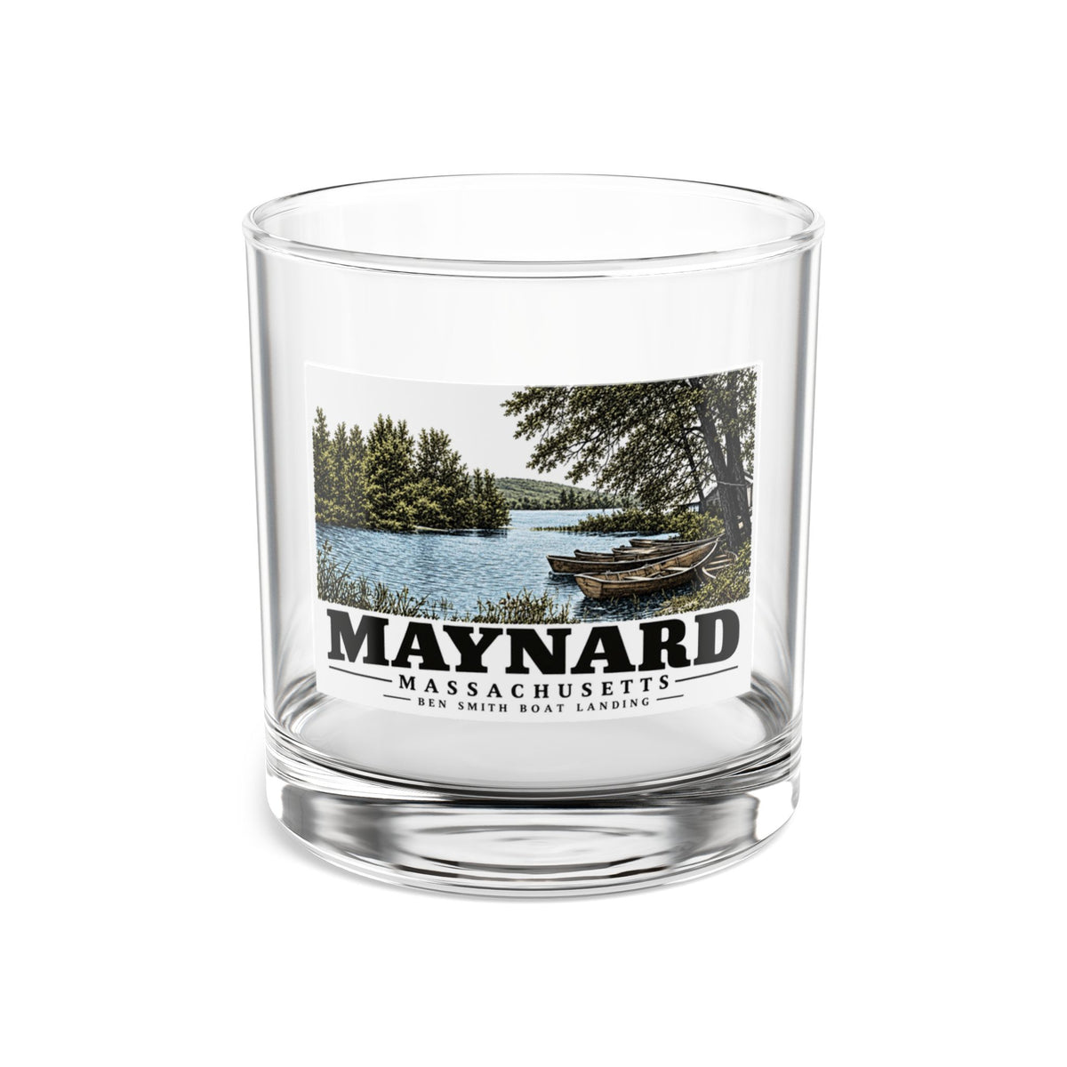Illustrated Ben Smith Boat Landing in Maynard on rocks glass