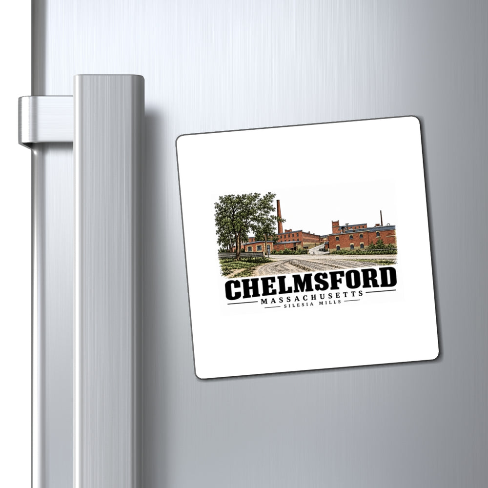 Silesia Mills 4 inch square magnet displayed on a refrigerator, with Chelmsford, Massachusetts lettering.