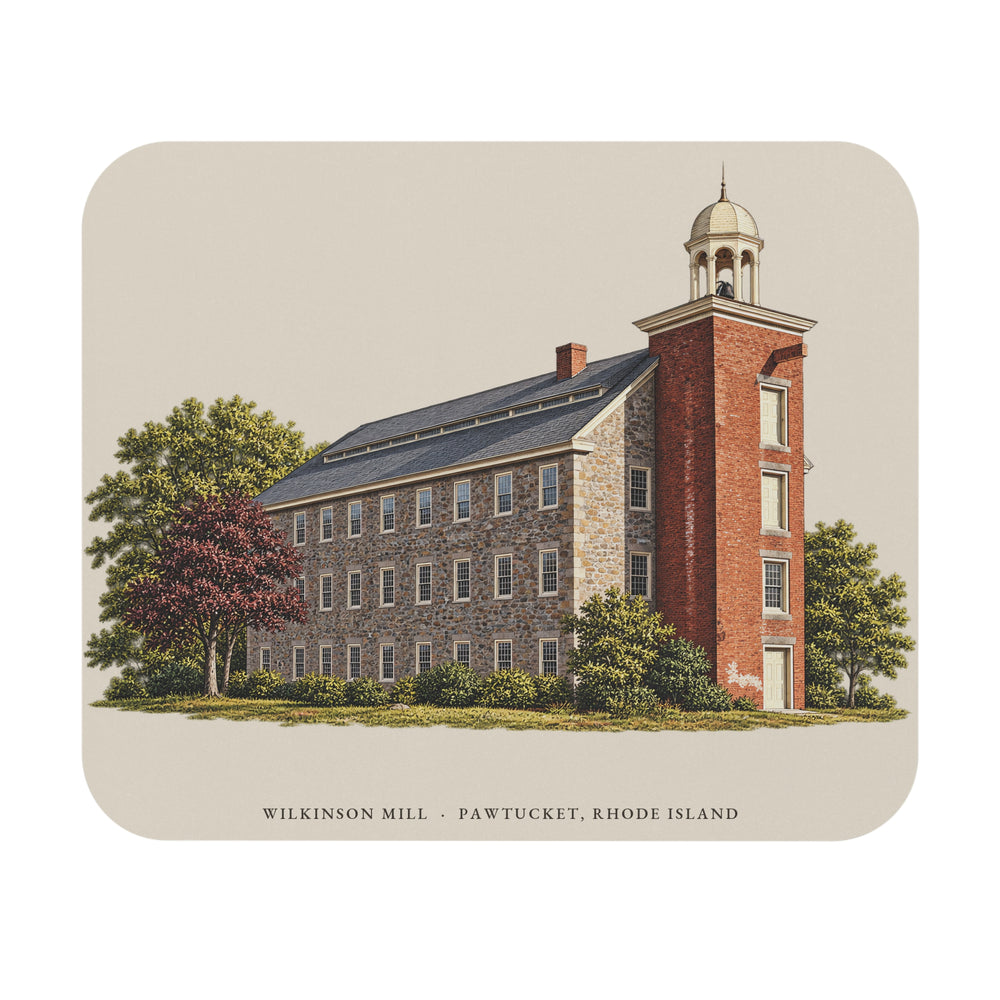 Pawtucket Wilkinson Mill Stone Machine Shop mouse pad mockup showing the full illustrated print