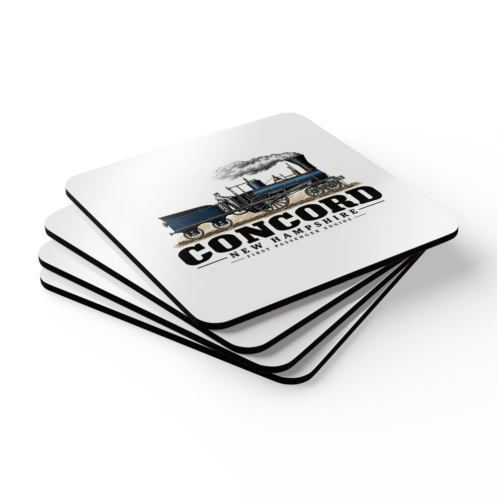 Stack of four coasters of First Passenger Engine square cork-backed coaster set, Concord, New Hampshire.
