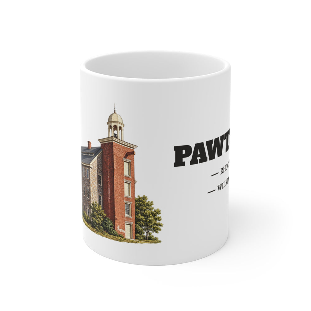 Pawtucket Wilkinson Mill Stone Machine Shop 11 oz ceramic mug — artwork view, handle left — Familiar History