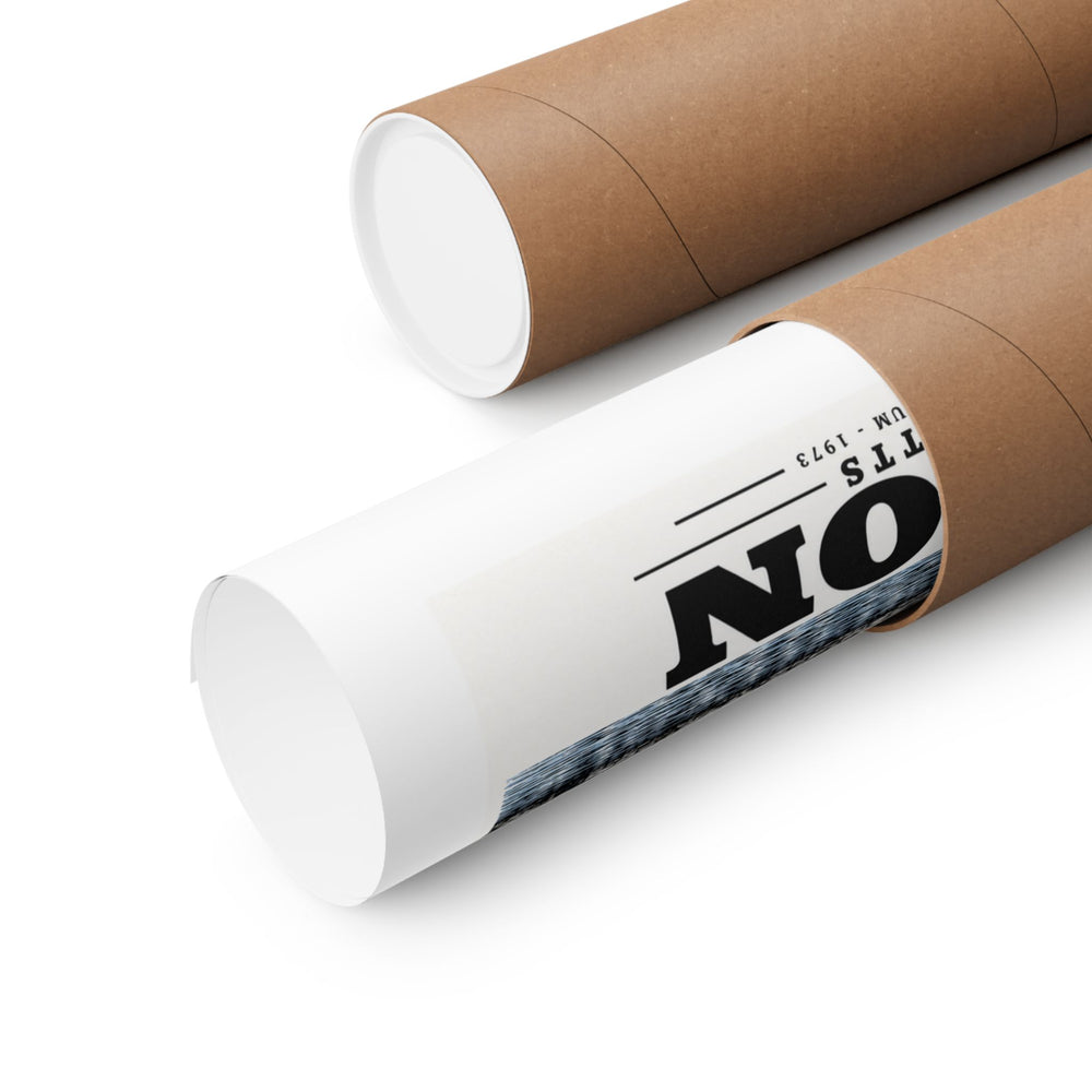 Partially rolled Boston Harbor poster in a cardboard mailing tube, showing partial Boston lettering and a narrow strip of the Commercial Wharf waterfront artwork.