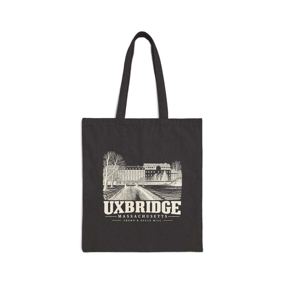 Black canvas tote with Uxbridge Crown & Eagle Mill artwork, front view