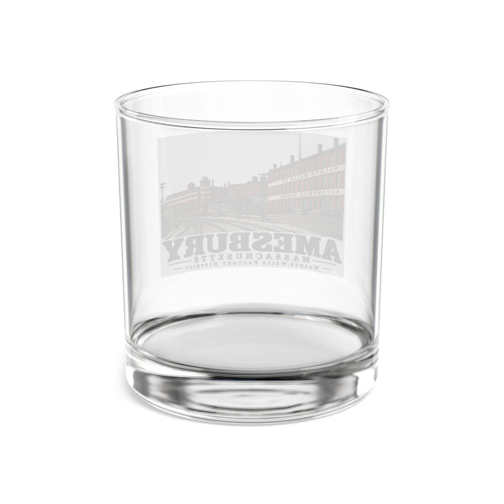 Walker-Wells automobile-body factory district and Boston & Maine rail yard, Amesbury illustration on 10 oz rocks glass — rear view through clear glass