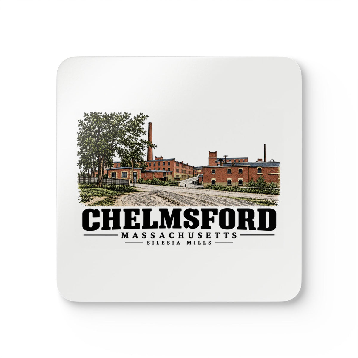Chelmsford Silesia Mills with neighboring industrial offices Cork Back Coaster Set - Merrimack Valley Goods
