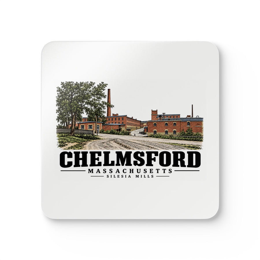 Chelmsford Silesia Mills with neighboring industrial offices Cork Back Coaster Set - Merrimack Valley Goods