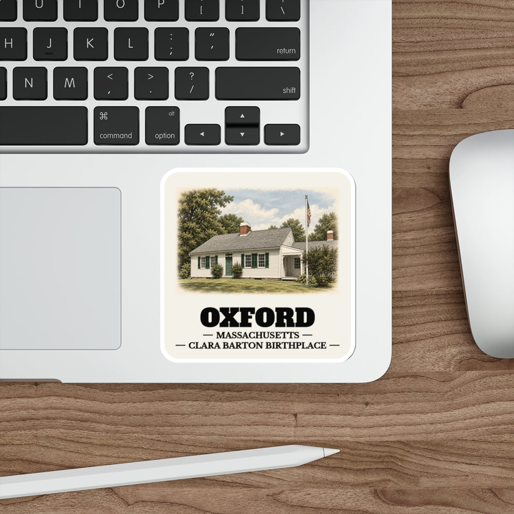Oxford Clara Barton Birthplace sticker shown on a laptop