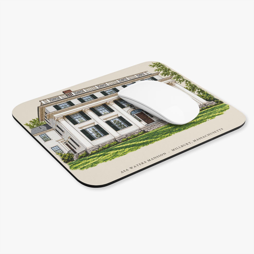 Millbury Asa Waters Mansion mouse pad mockup showing the full illustrated print