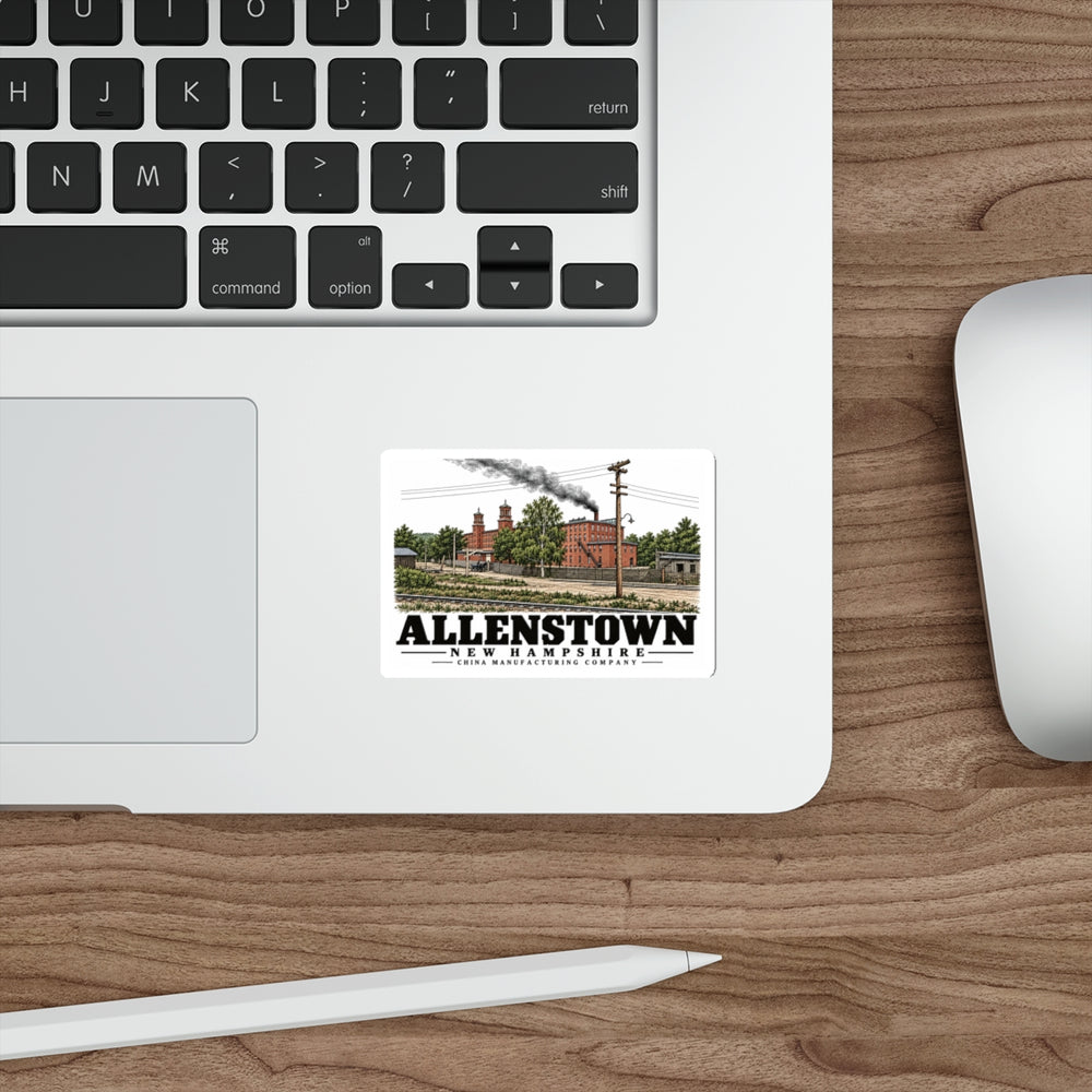 Laptop display of China Manufacturing Company Mill white die-cut sticker, Allenstown, New Hampshire.