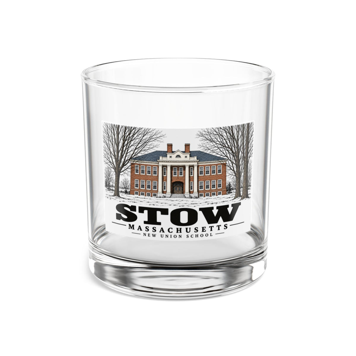 Illustrated New Union School in Stow on rocks glass
