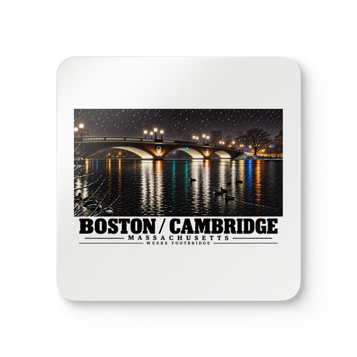 White square coaster showing Weeks Footbridge illuminated night view with water reflections artwork and Boston/Cambridge lettering