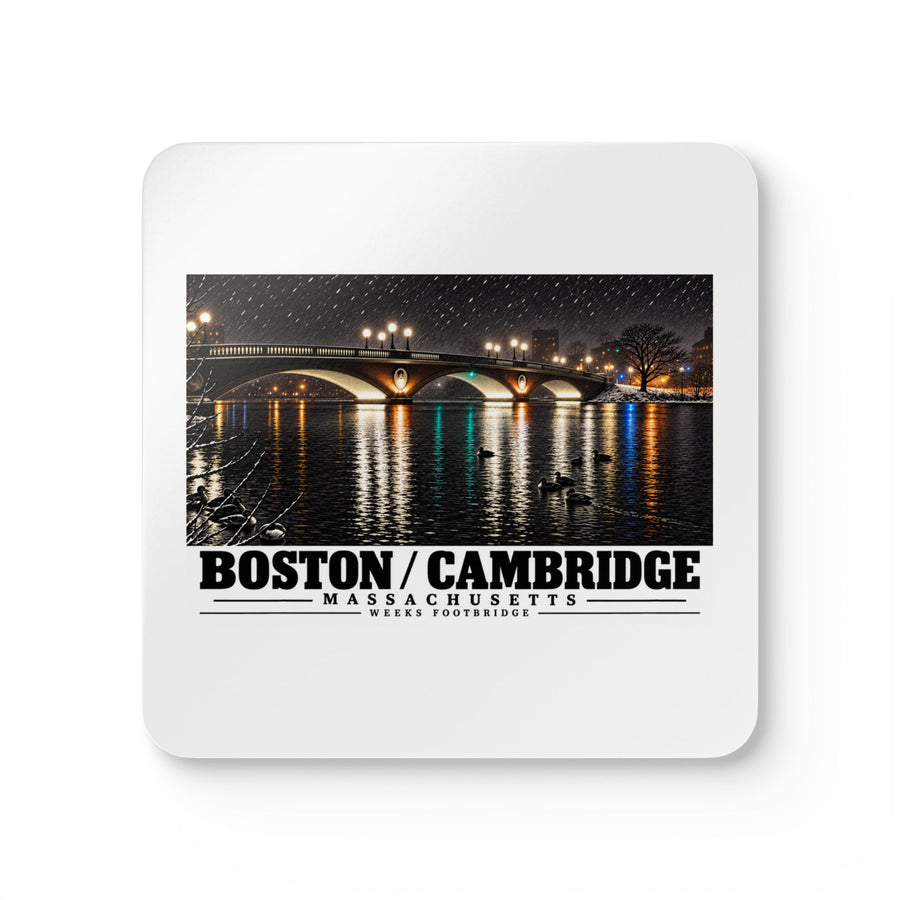 White square coaster showing Weeks Footbridge illuminated night view with water reflections artwork and Boston/Cambridge lettering