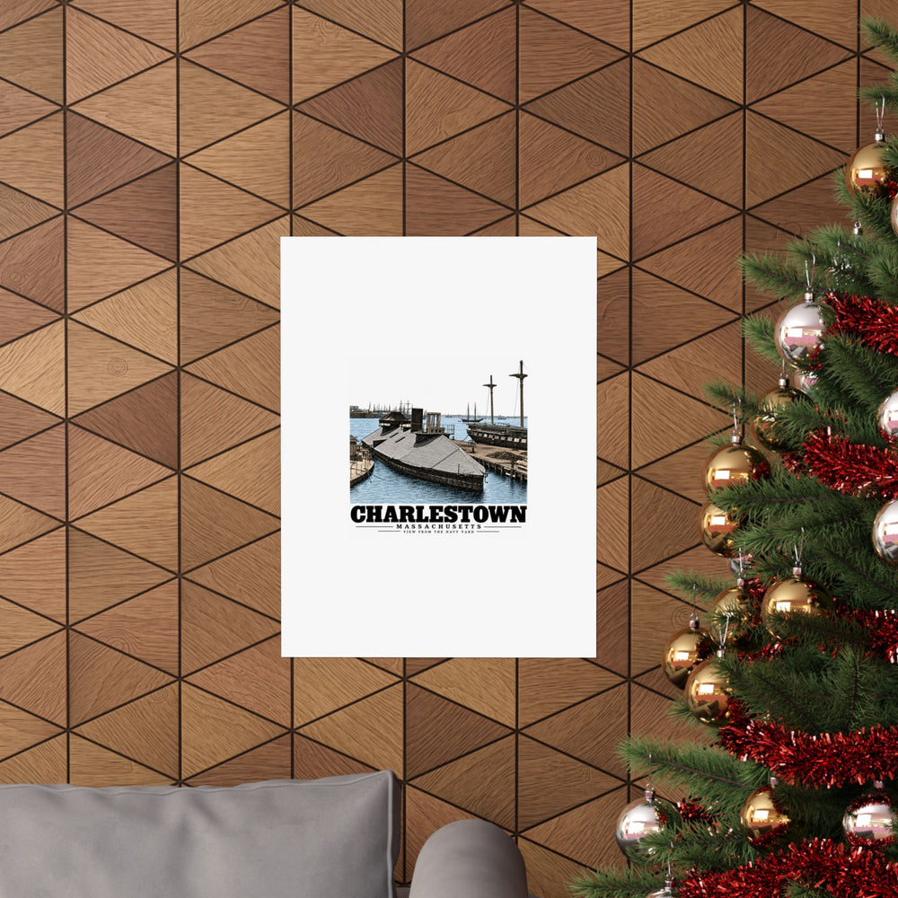 18 x 24 inch Navy Yard waterfront poster displayed on wooden wall beside holiday tree