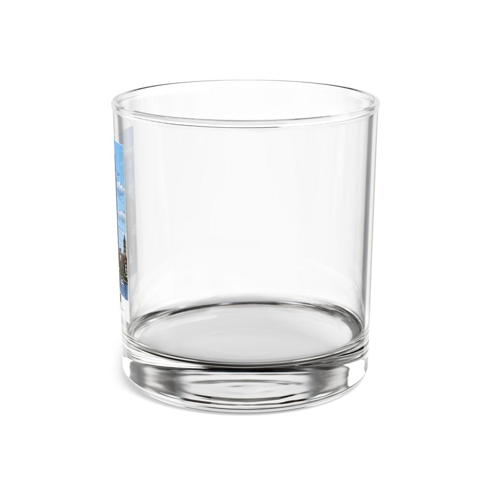 Illustrated Boston, Massachusetts, from the Charles River in Boston and Cambridge on rocks glass
