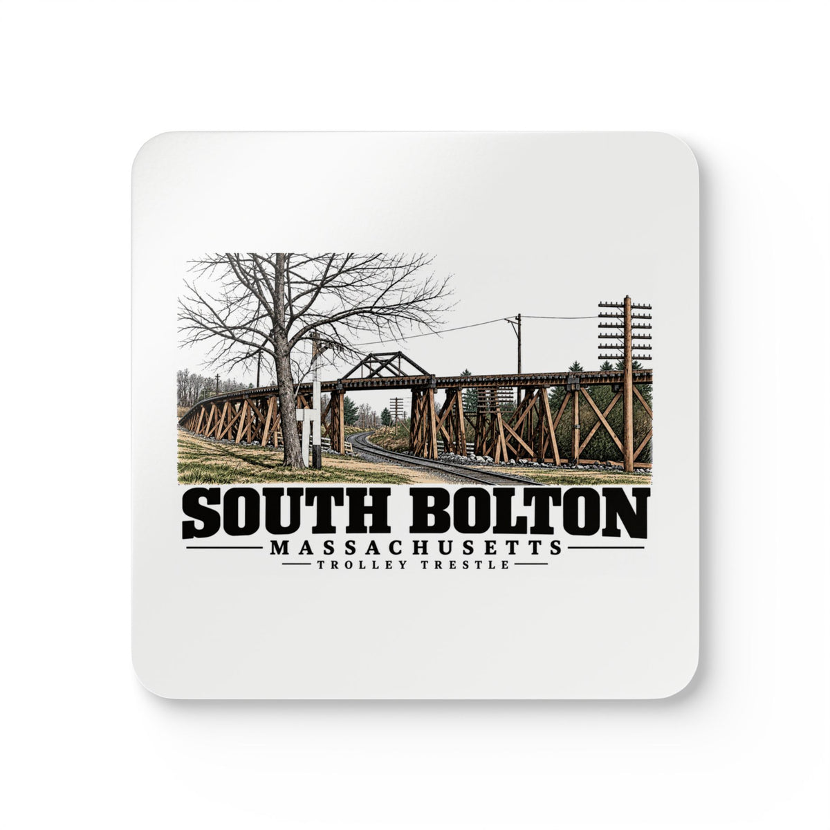 Illustrated Trolley Trestle in South Bolton on corkwood coaster set