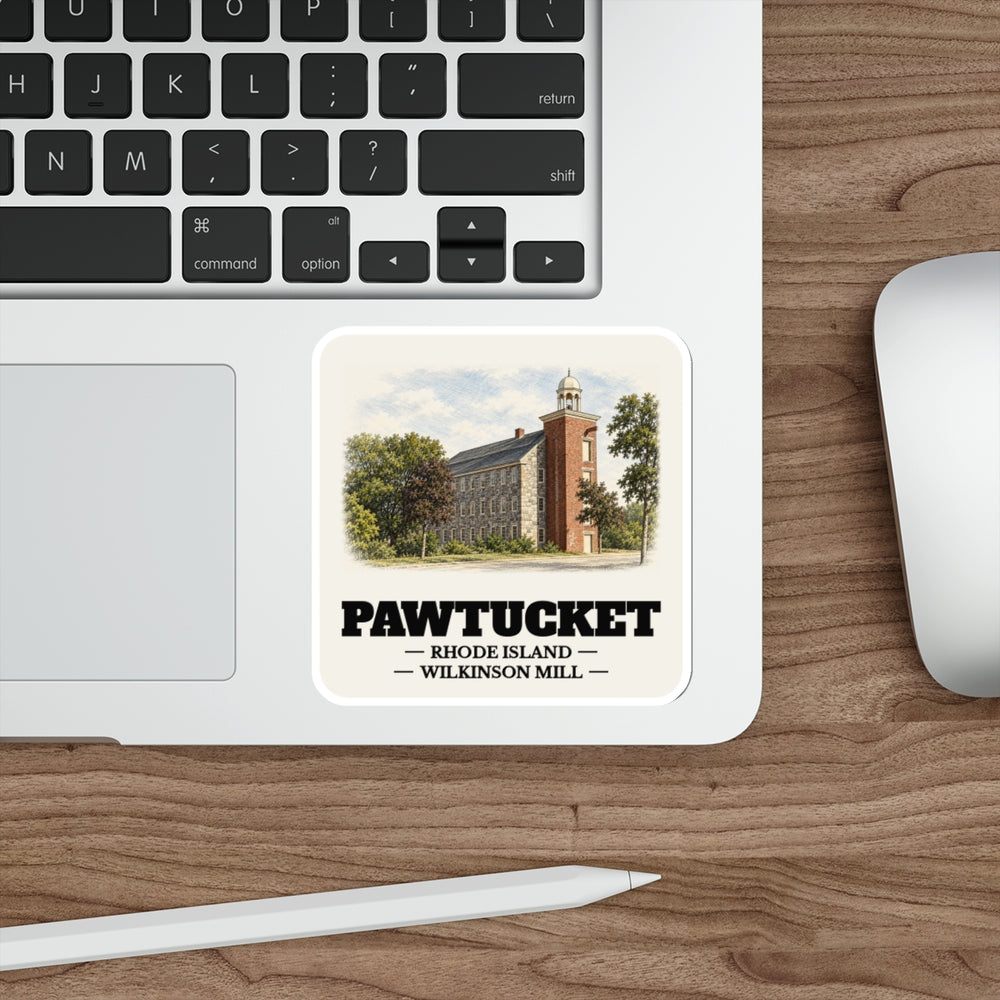 Pawtucket Wilkinson Mill Stone Machine Shop sticker shown on a laptop