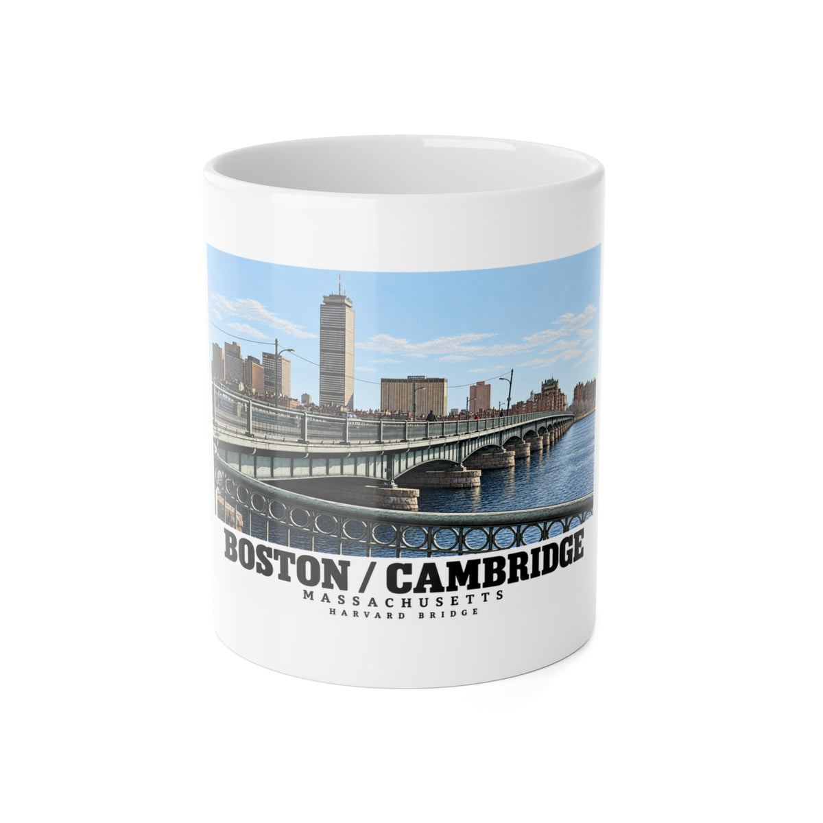 White mug front with Harvard Bridge artwork and Boston/Cambridge lettering